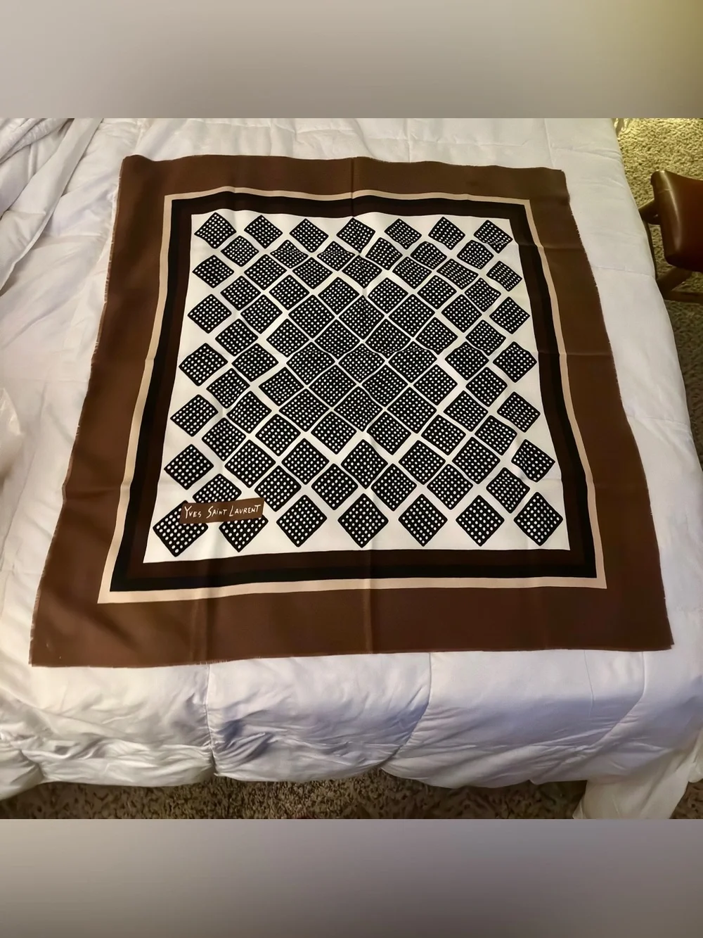 Vintage Yves Saint Laurent Signed Square Scarf Brown Geometric Designer Parisian